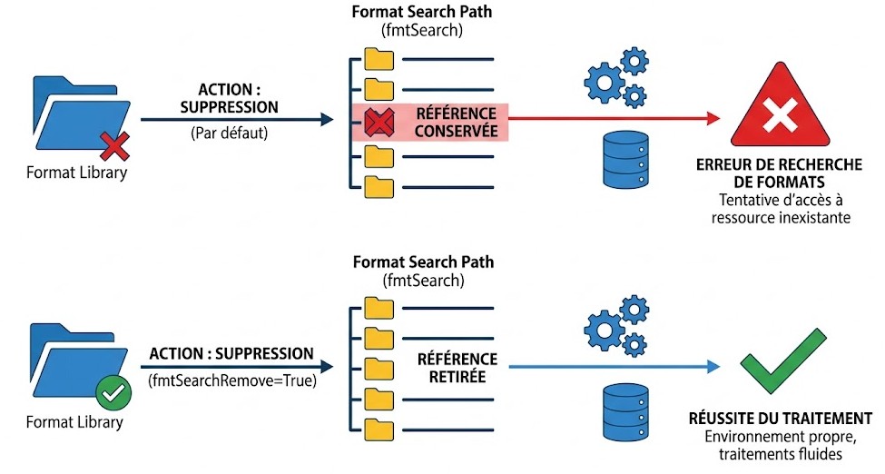 Schéma : Comment éviter les erreurs de recherche après avoir supprimé une bibliothèque de formats ?