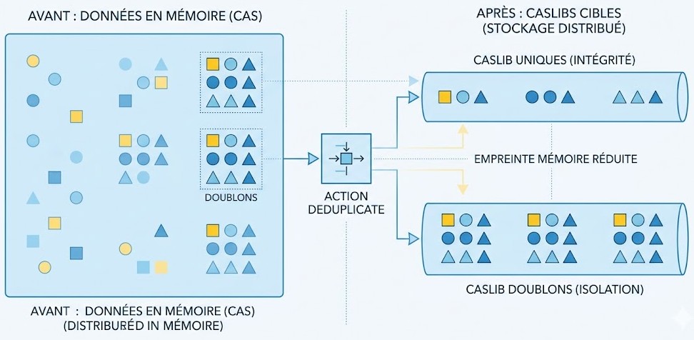 Schéma : Comment l'action deduplicate de SAS Viya optimise-t-elle la qualité de nos données massives et réduit-elle nos coûts de stockage ?