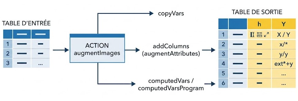 Schéma : Comment puis-je intégrer des colonnes supplémentaires ou des variables calculées avec les images augmentées?