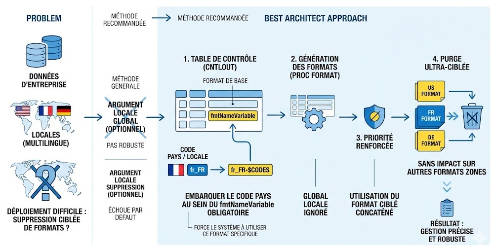Schéma : Déploiement multilingue : Quelle est la meilleure approche d'architecte pour supprimer un format lié à des paramètres régionaux spécifiques ?