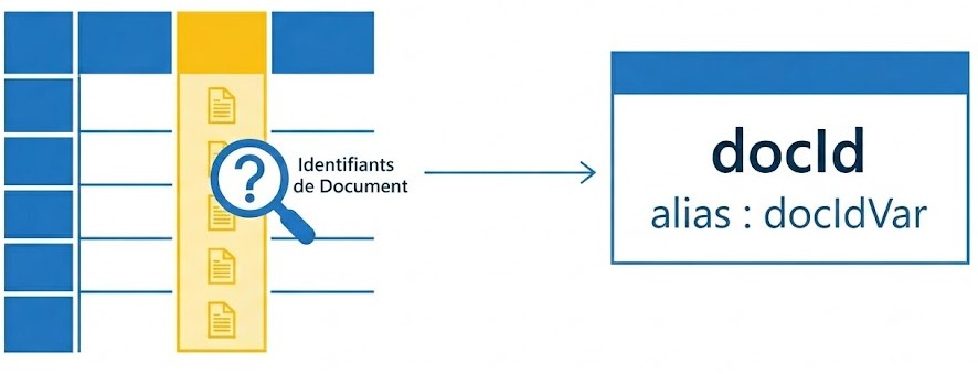Schéma : Quel paramètre identifie la colonne des identifiants de document dans la table CAS ?
