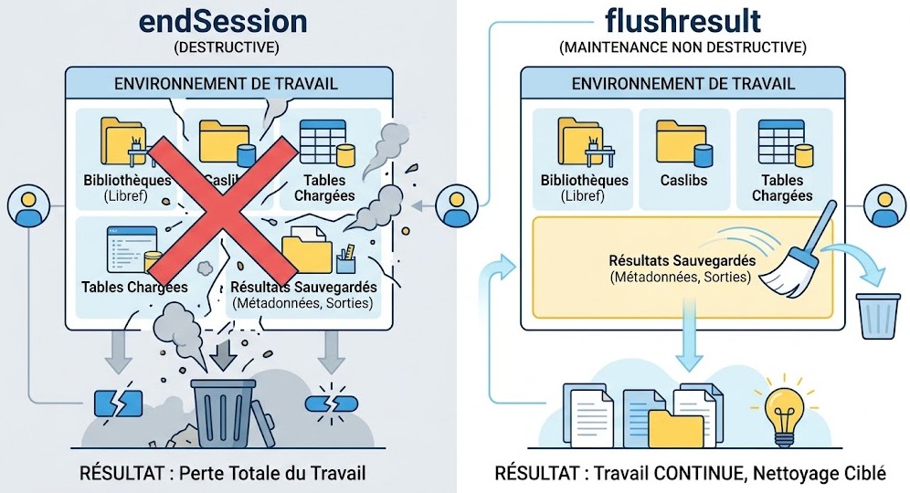 Schéma : Quelle est la différence technique entre flushresult et la fermeture d'une session ?