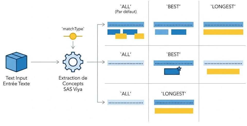 Schéma : Quelles sont les options de correspondance pour l'extraction de concepts et leur impact ?